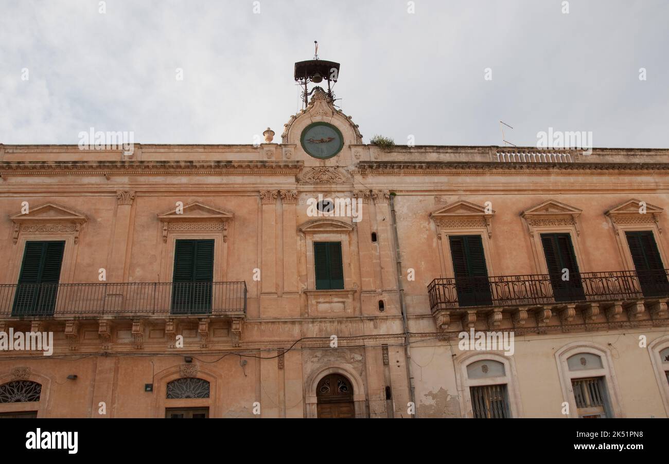 Clock Tower on Town Hall, Main Square, Rosolini, Province of Siracusa (Syracuse), Sicily, Italy. Main Square in Rosilini, a small town in the Province Stock Photo