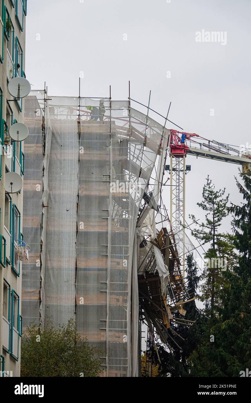 Scaffolding collapses at a building renovation site. Turin, Italy - October 2022 Stock Photo
