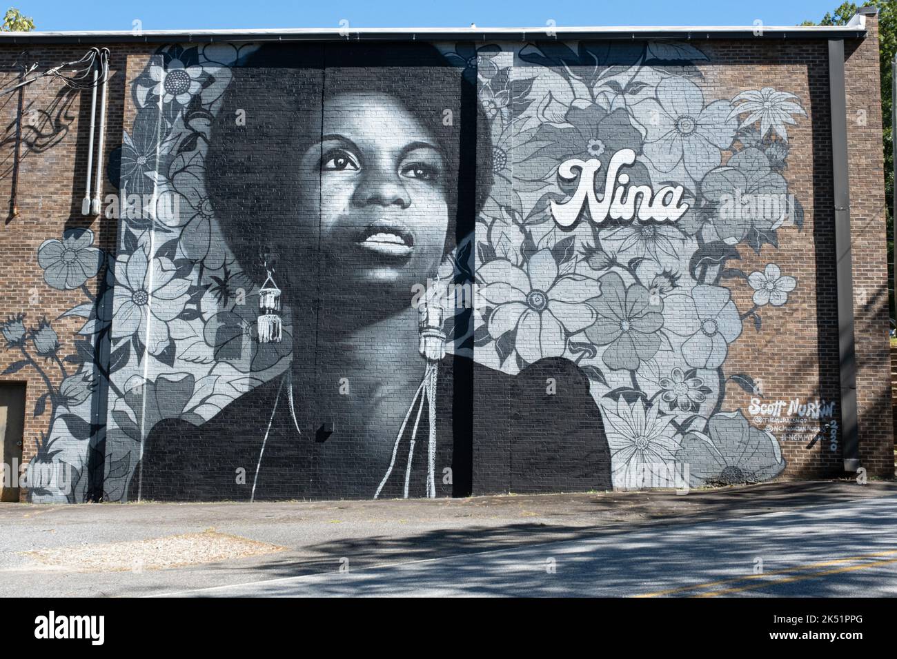 Nina Simone mural is part of the North Carolina Musician Murals Project painted in Tryon, North Carolina, USA. Stock Photo