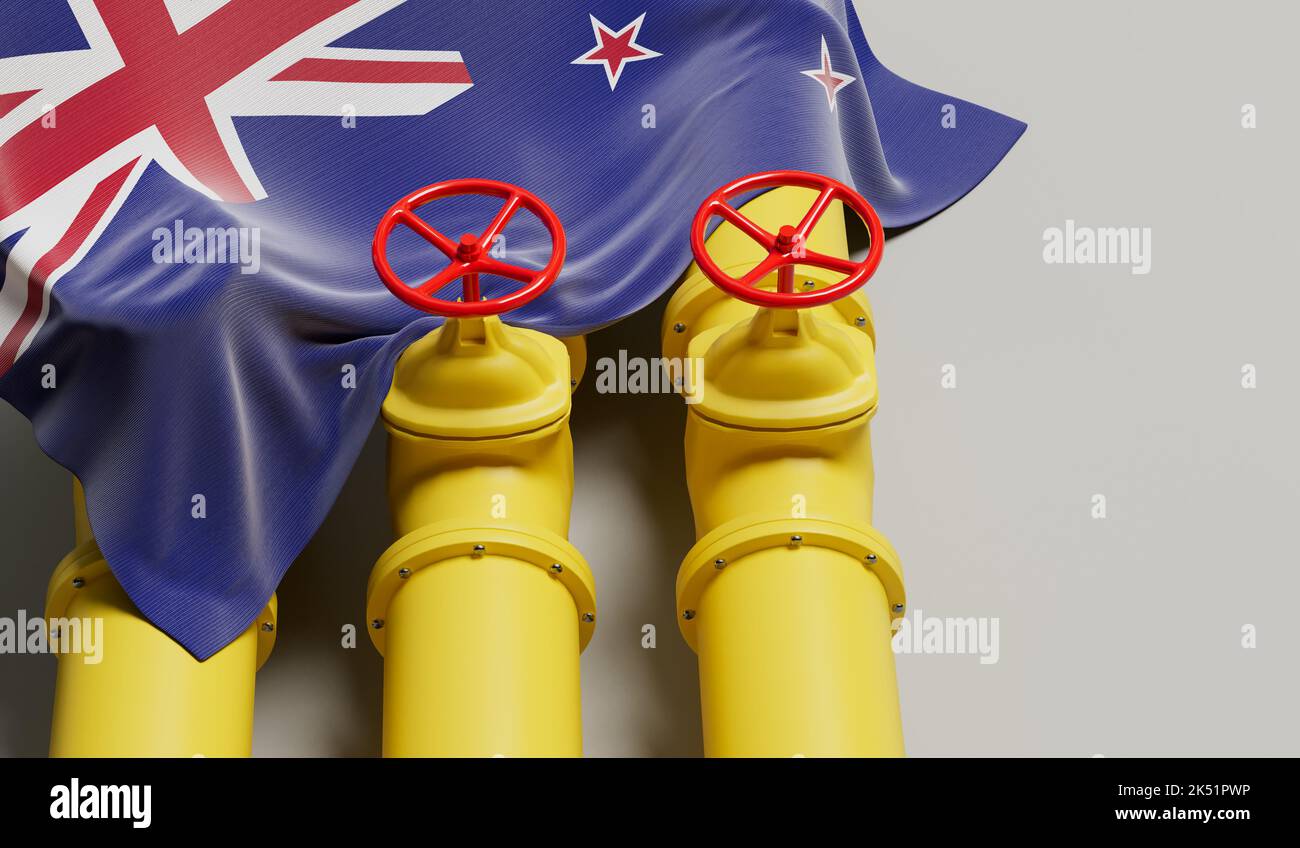 New Zealand flag covering an oil and gas fuel pipe line. Oil industry concept. 3D Rendering Stock Photo