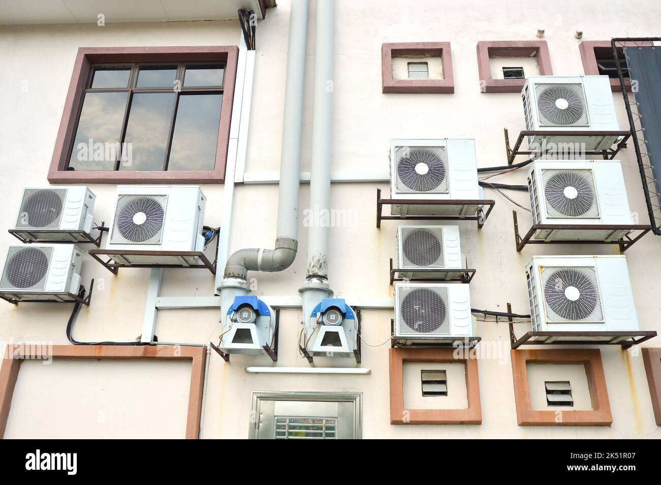 Exterior air conditioning unit on brick wall Stock Photo Alamy