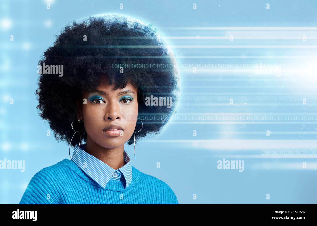 Black woman, holographic and light for digital, tech or futuristic portrait with blue background. Model, makeup and mockup for web security in studio Stock Photo