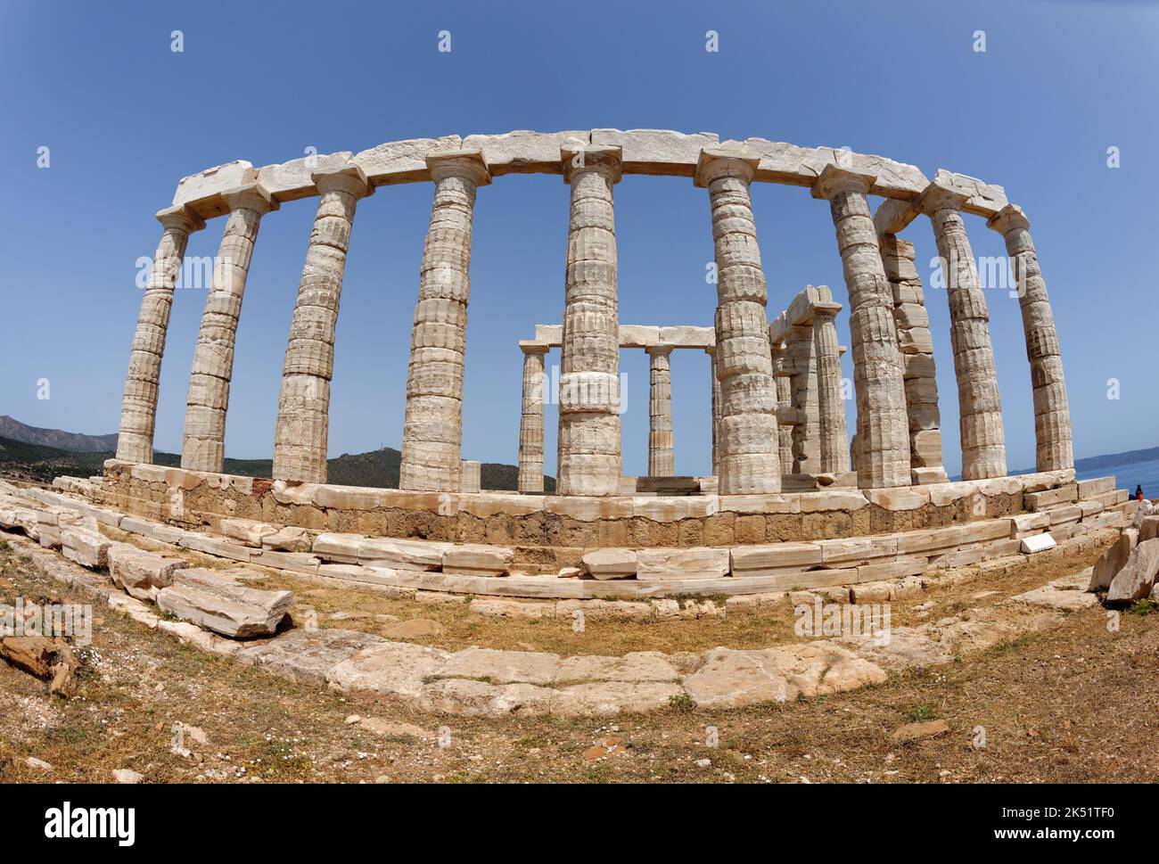 Fisheye view of ruins of the Temple of Poseidon at Cape Sounion near ...