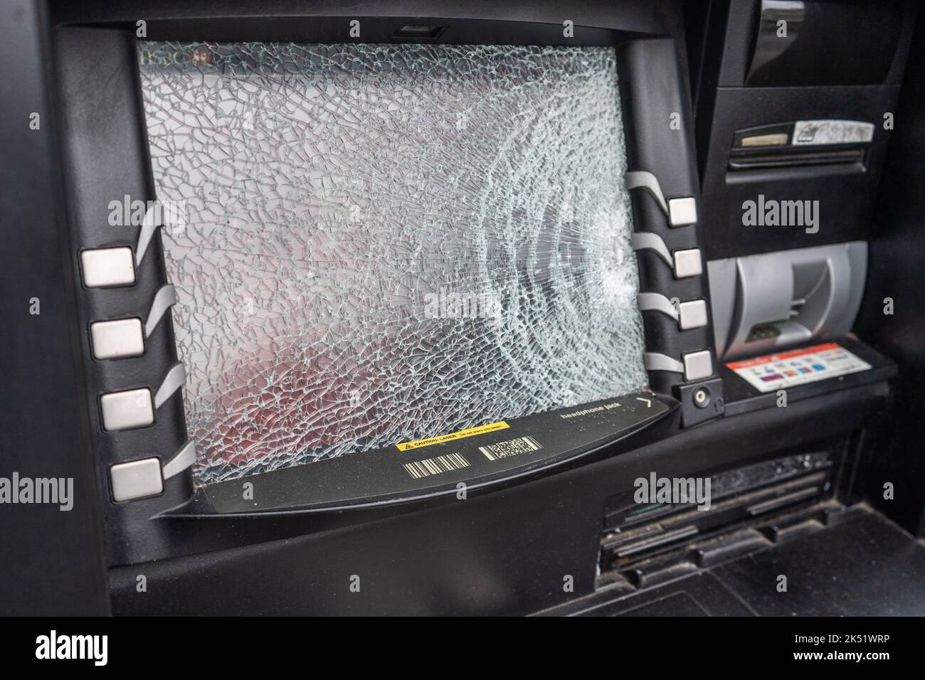 5 October 2022: Vandalised ATM cash machine Stock Photo