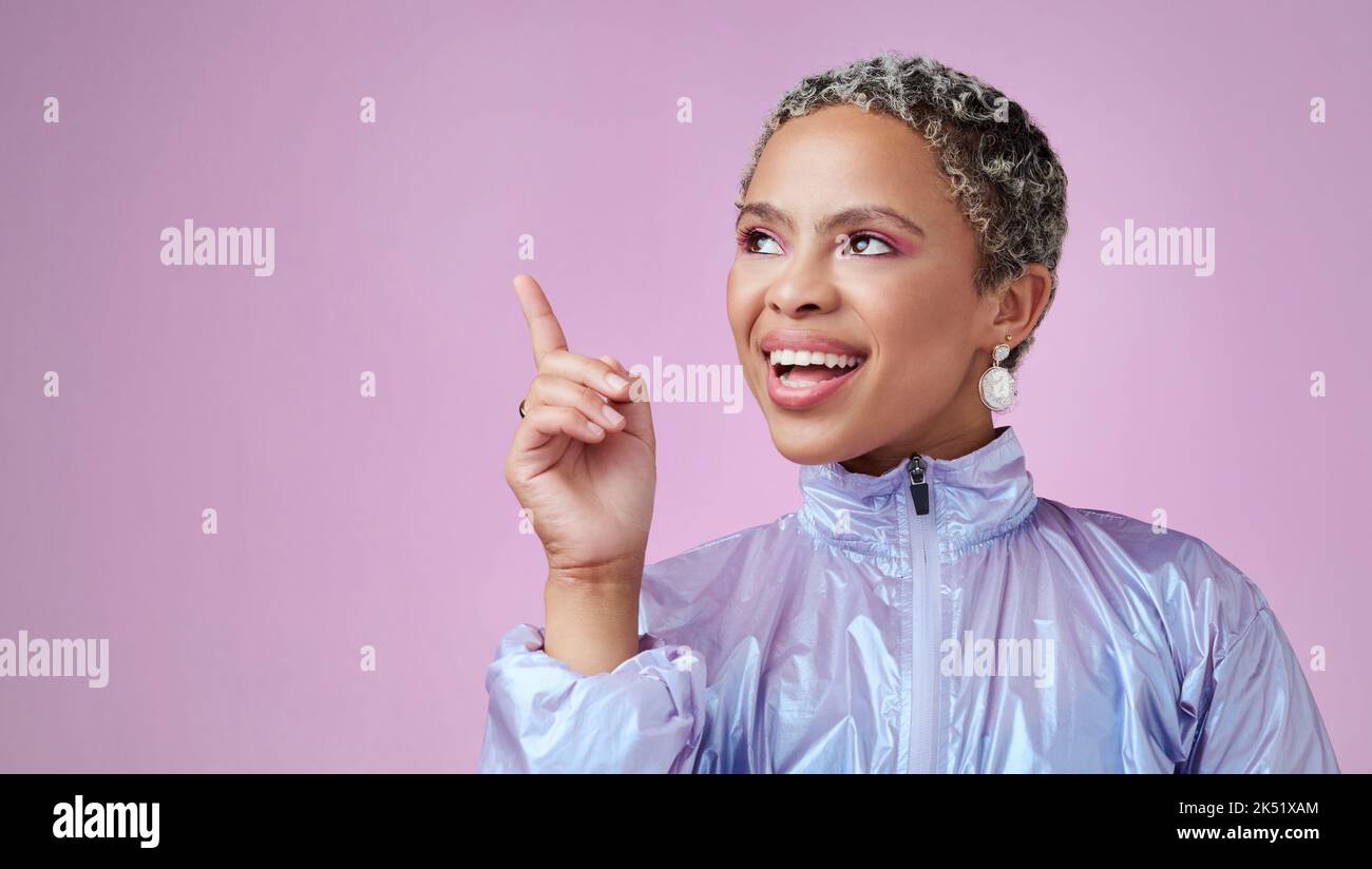 Thinking, idea and happy black woman in studio with mockup space with a solution. Happiness, smile and young african model with a positive thought Stock Photo