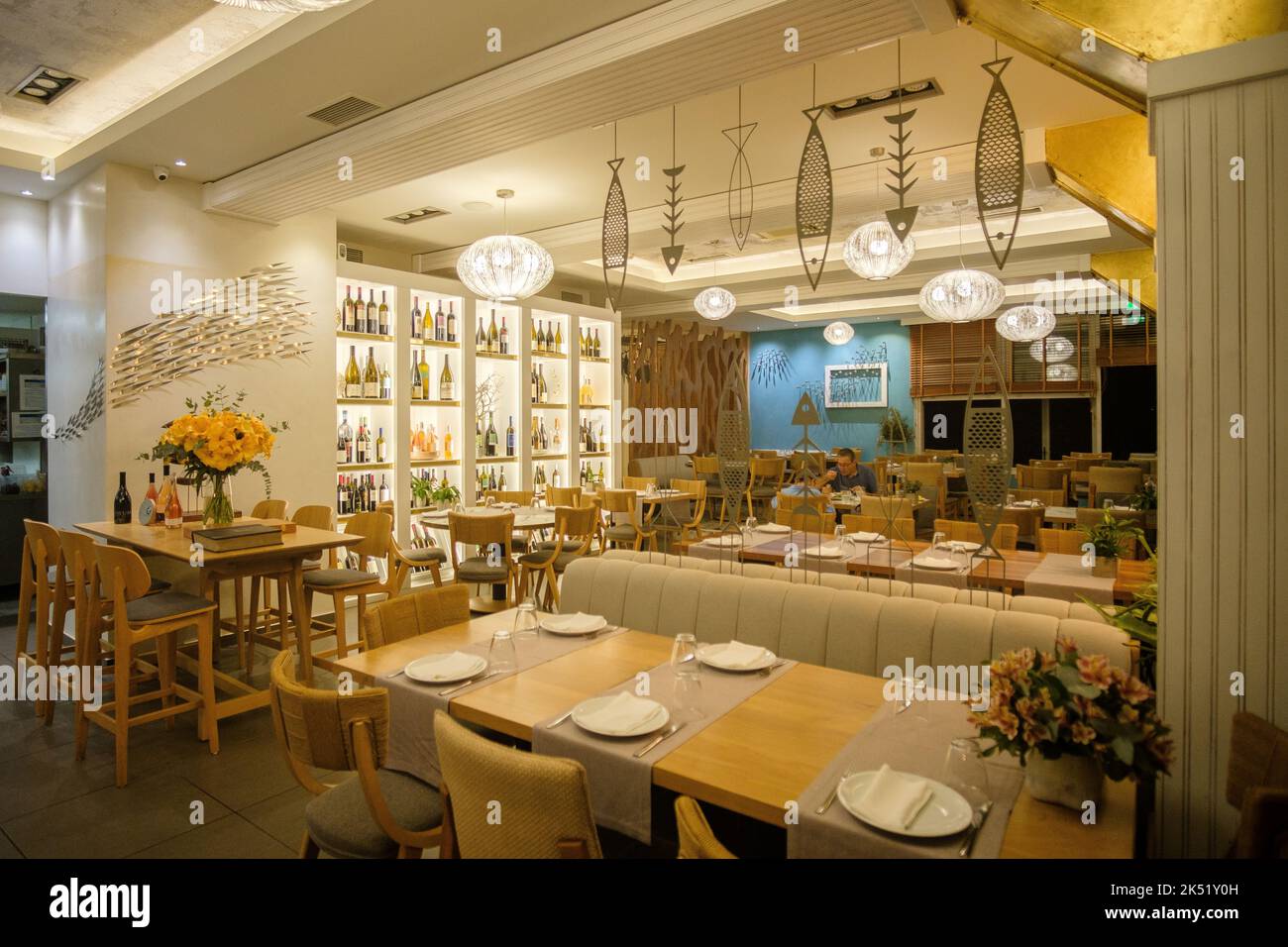 Nea Potidea, Greece - August 29, 2022 : A beautiful decorated restaurant in Chalkidiki Greece Stock Photo