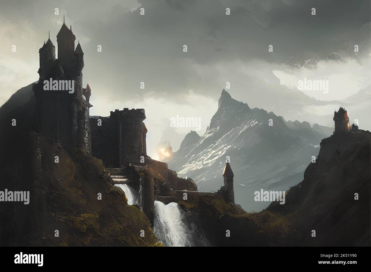 Digital painting of a castle on top of a mountain above a waterfall ...