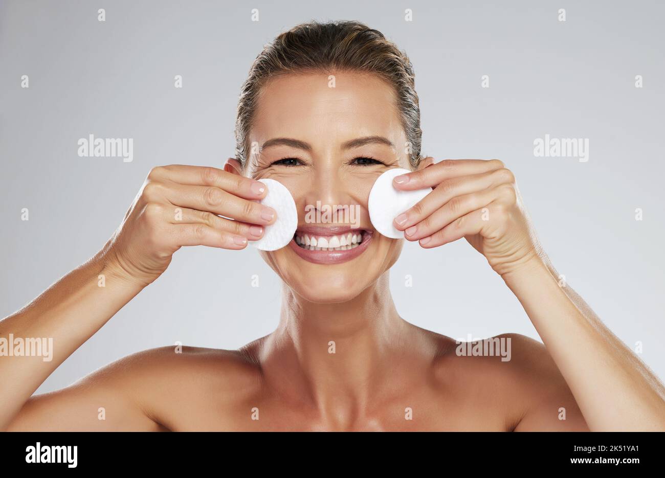 Beauty, skincare and portrait of woman with pad for facial cleaning