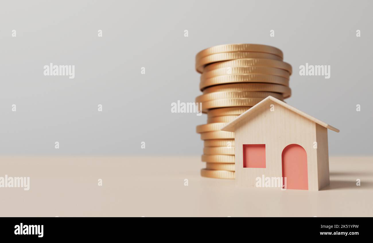 Home finance and property investment concept. Small house with a stack of coins. 3D Rendering Stock Photo
