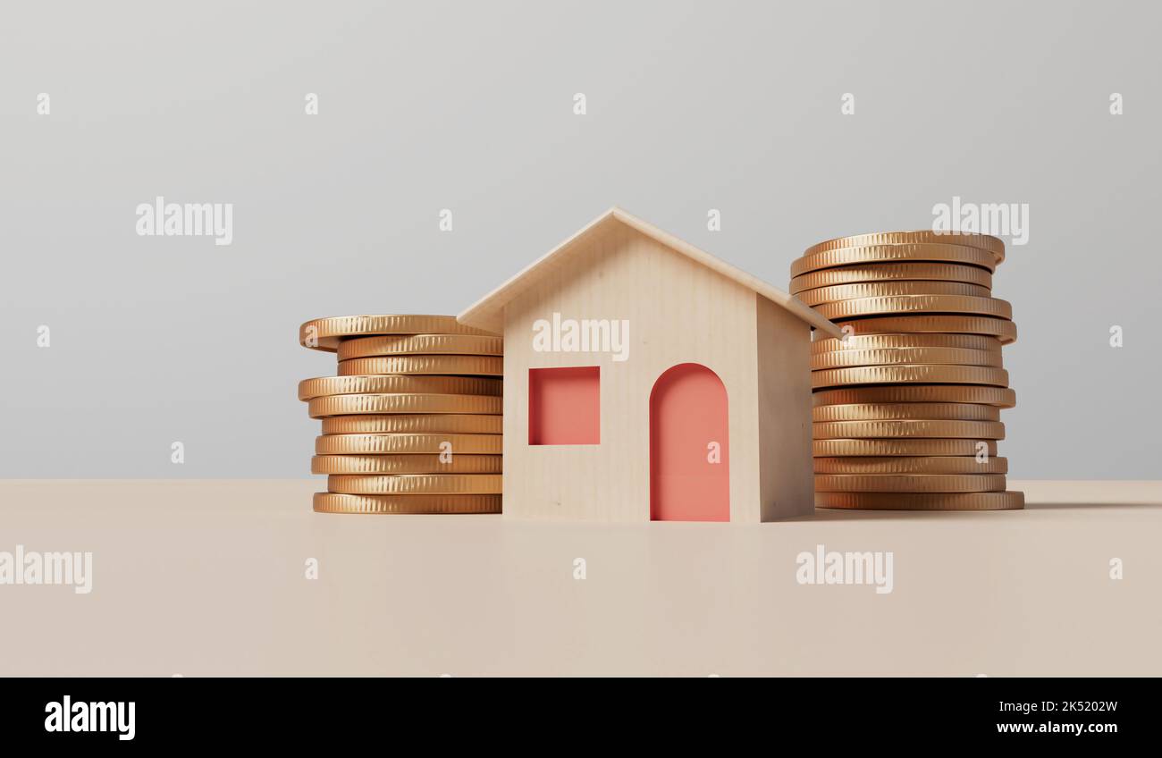 Home finance and property investment concept. Small house with a stack of coins. 3D Rendering Stock Photo