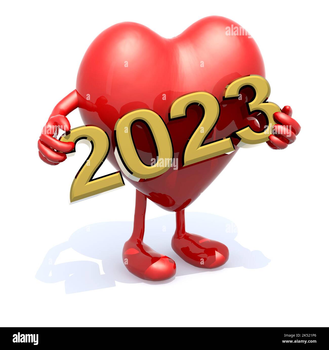 cartoon heart with arms, legs and the 3D inscription 2023, 3d