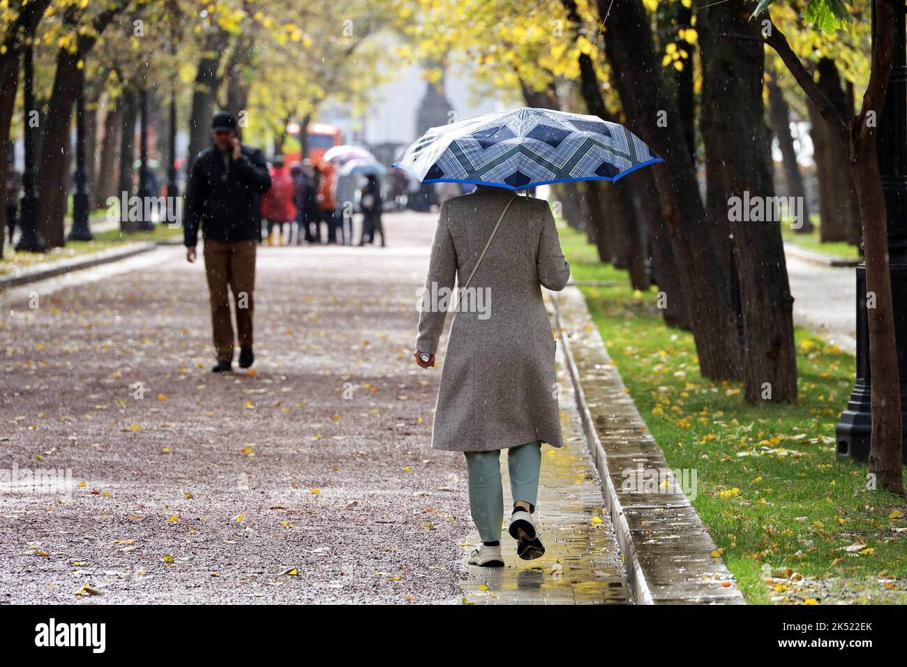 Rain in autumn season, woman with umbrella walking on falling leaves in city park on people background Stock Photo