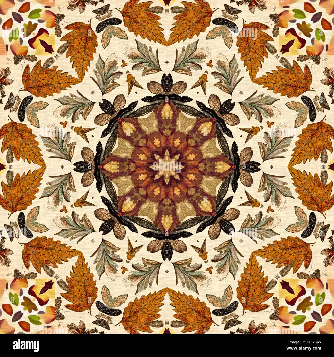 Autumn leaves woodland seamless pattern. Brown retro kaleidoscopic ...