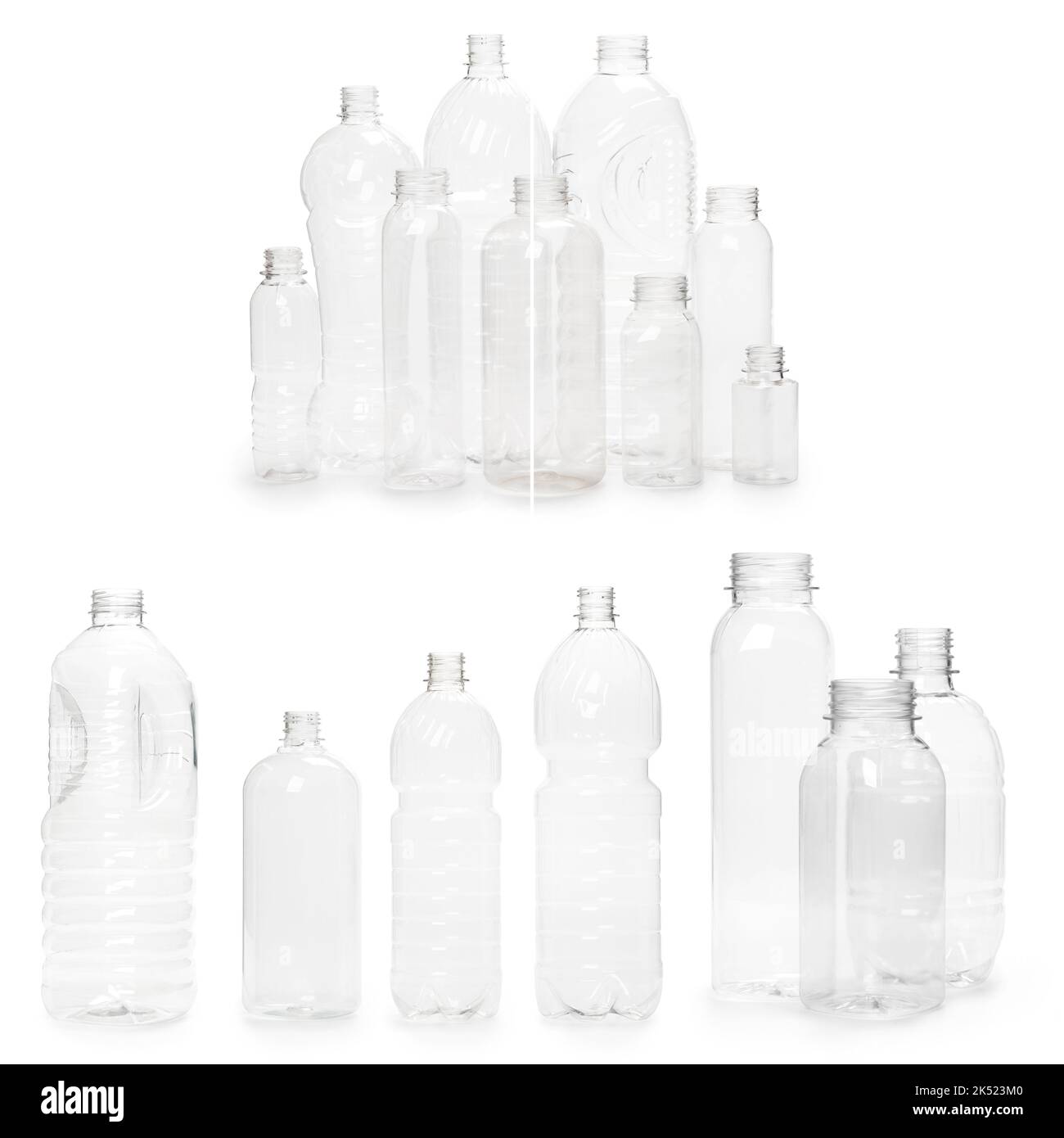 selection of quality photo collage of many different empty plastic bottles isolated on white