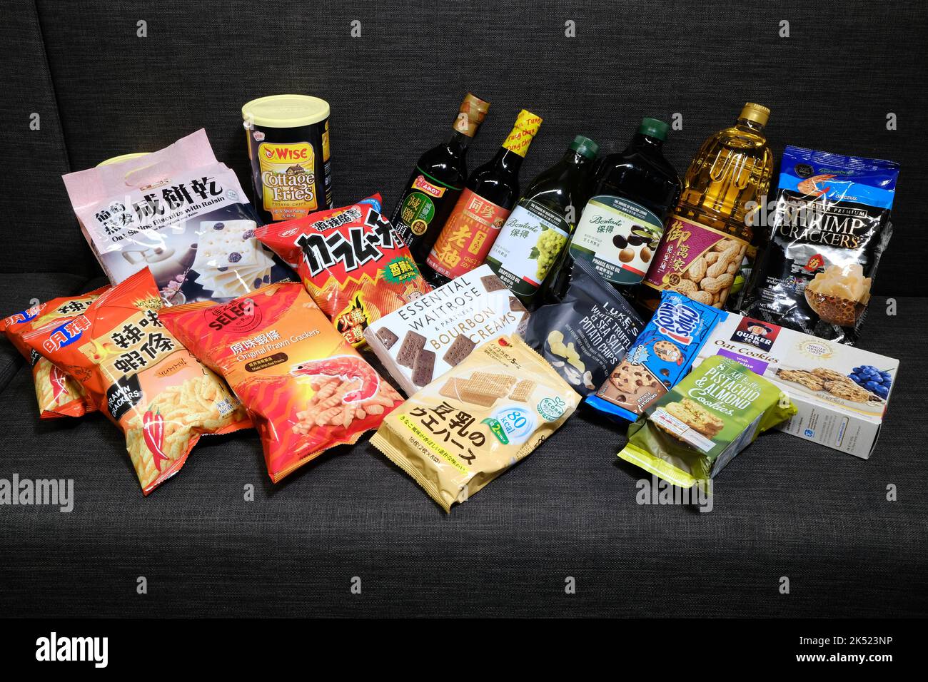 Samples of soy sauces, cooking oil, cookies and sweet pastries, crispy