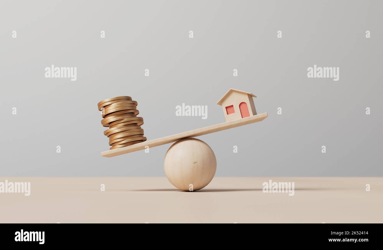 Small house and a stack of coins balancing on a seesaw. Property concept. 3D Rendering Stock Photo