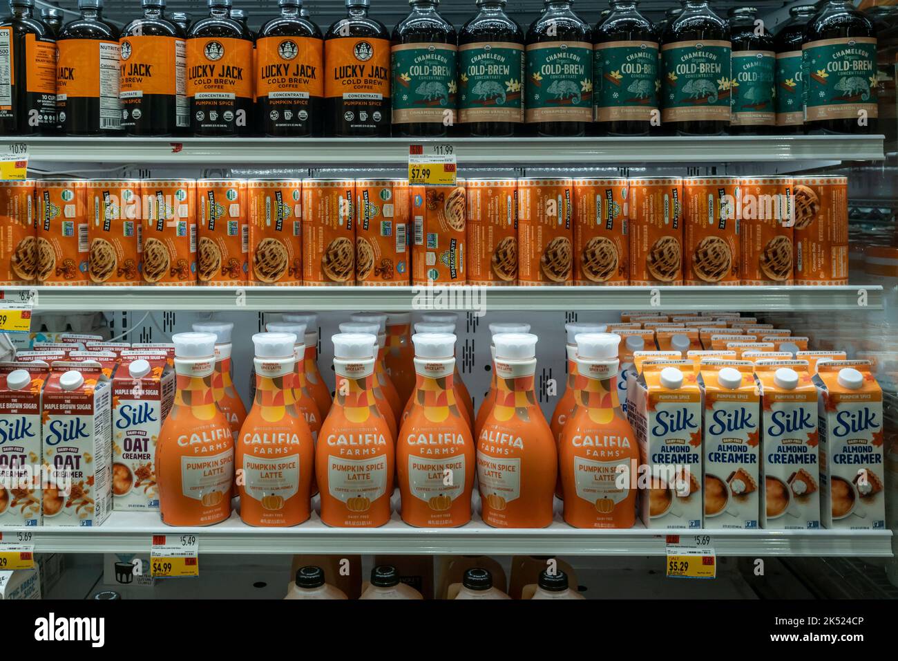 Pumpkin spice flavored products in a Whole Foods Market supermarket in New York on Thursday, September 29, 2022.  (© Richard B. Levine) Stock Photo