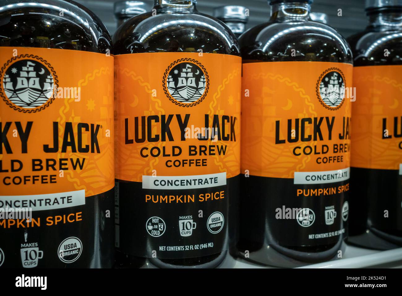 Pumpkin spice flavored Lucky Jack brand cold brew coffee drink in a Whole Foods Market supermarket in New York on Thursday, September 29, 2022.  (© Richard B. Levine) Stock Photo