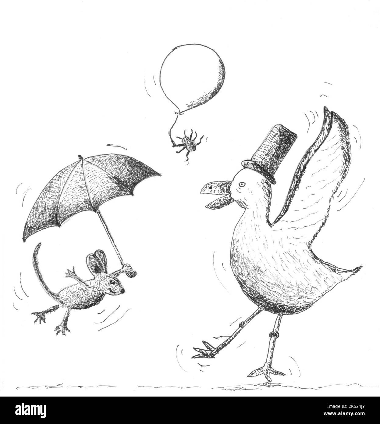 Surreal Illustration of a mouse being lifted by an umbrella & a seagull is dancing and a bug is being lifted by a ballon. Illustration by Nikki Attree Stock Photo
