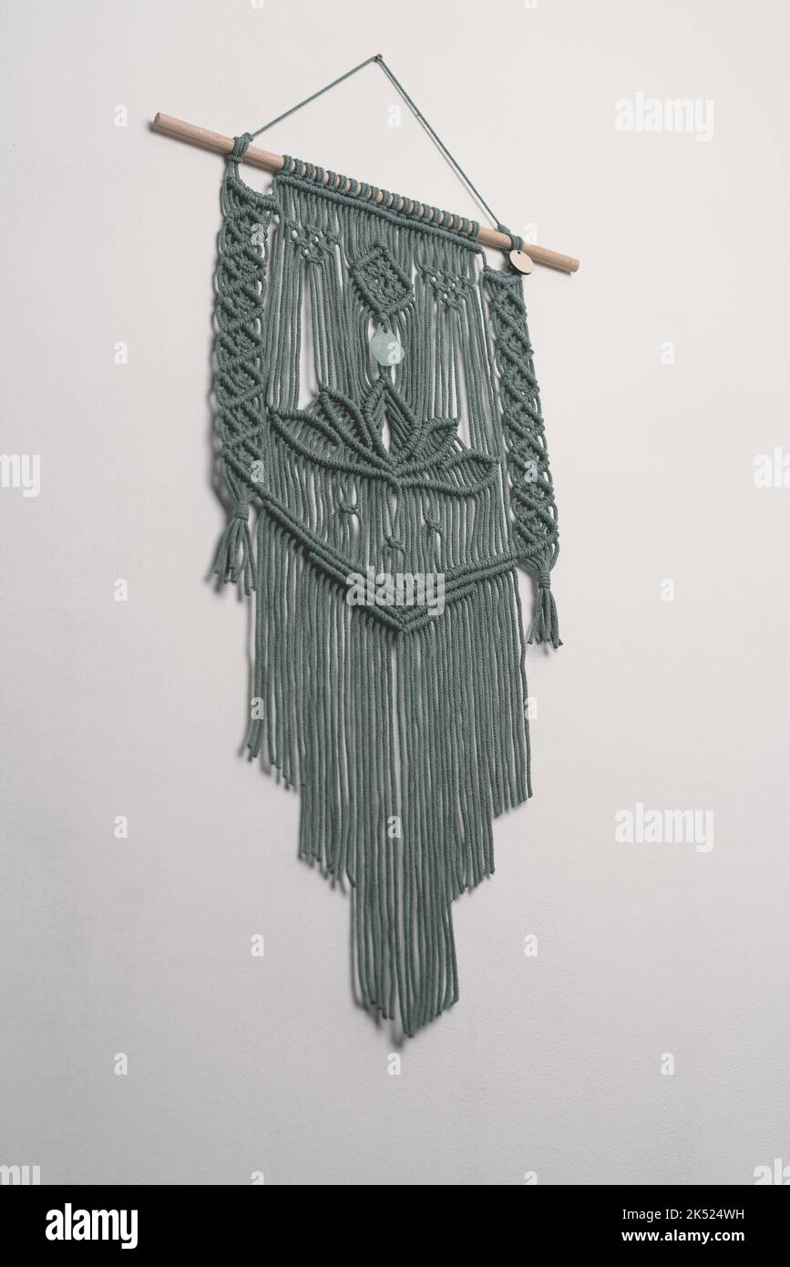 green hand made macrame artistic wall hanging fiber art decoration with
