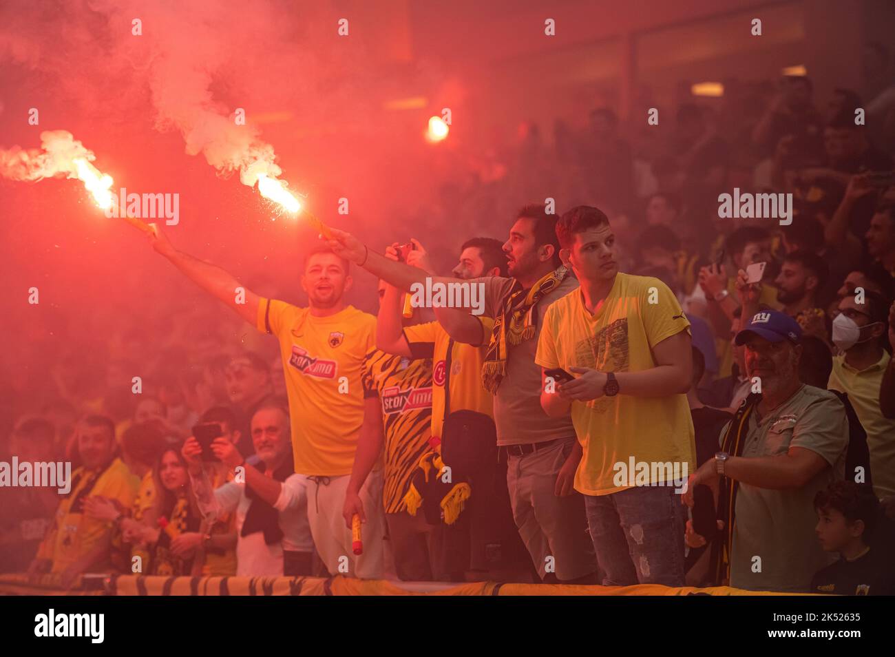 Athens, Lombardy, Greece. 3rd Oct, 2022. Fans and atmosphere in new stadium of AEK Athens FC named OPAP Arena during the first game of the Greek Super League football match between Aek Athens FC and Ionikos FC in Athens, Greece on October 03, 2022. (Credit Image: © Stefanos Kyriazis/ZUMA Press Wire) Stock Photo