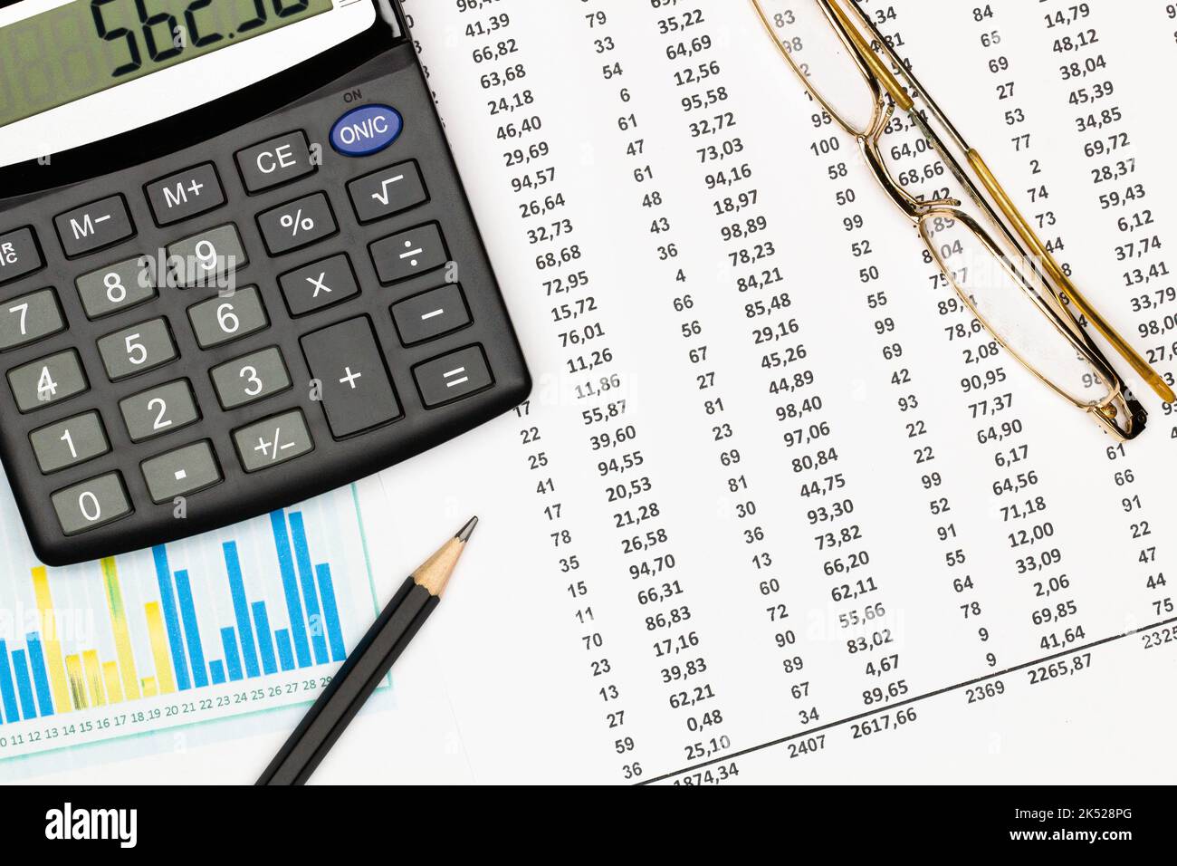 Top view office table desk. Financial report. Flat lay. Workspace with