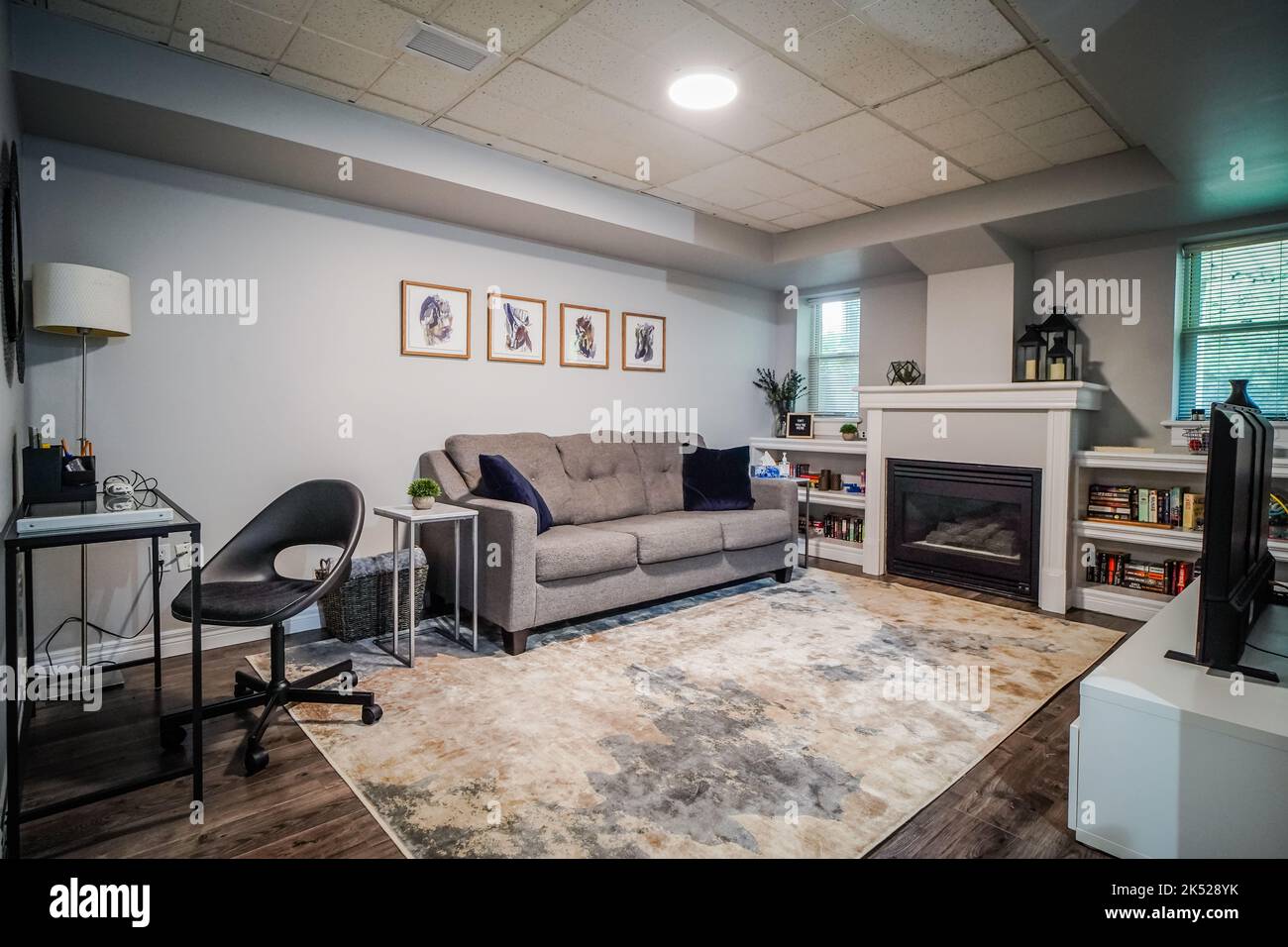 small living room, sofa, fireplace,tv,carpet,rug Stock Photo