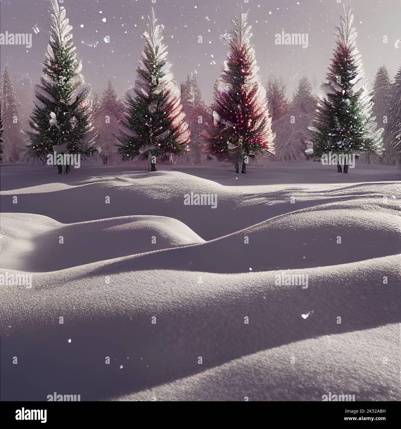 A 3D rendered Christmas background with spruce trees and snow Stock ...
