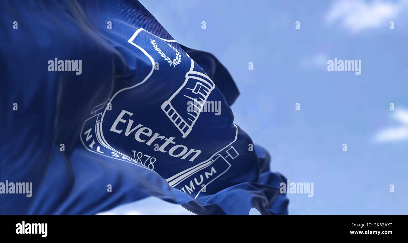Liverpool, UK, sept 2022: The flag of Everton football club waving in the wind. Everton FC is a professional football club based in Liverpool, England Stock Photo