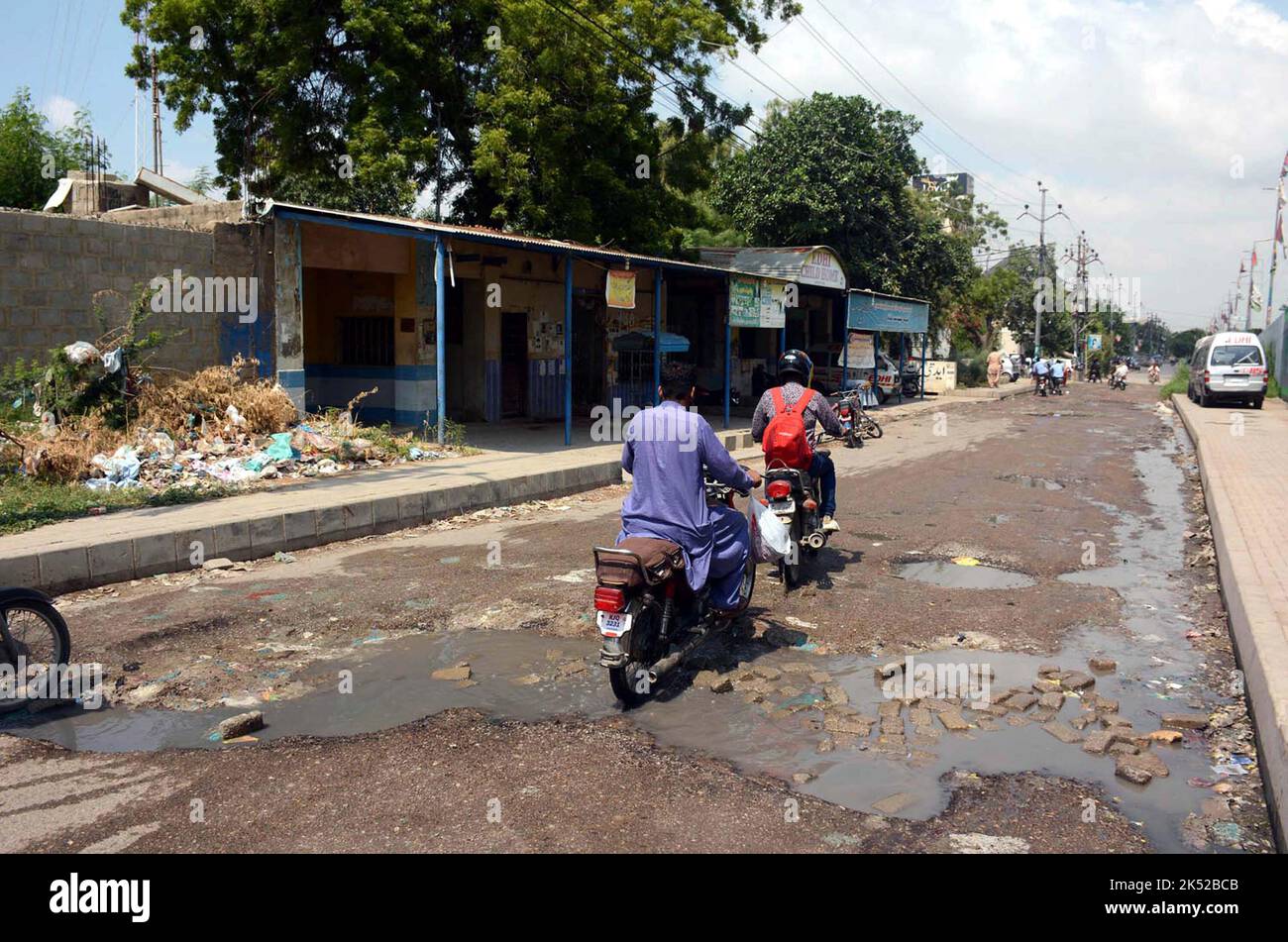 Hyderabad, Pakistan, October 05, 2022. Inundated road by overflowing