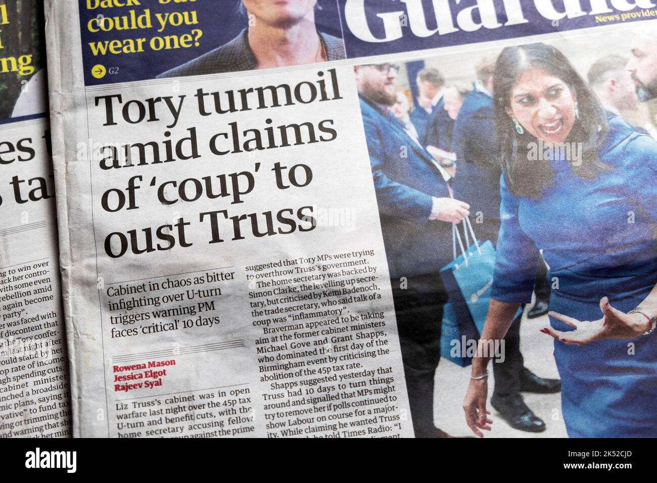 'Tory turmoil amid claims of 'coup' to oust Truss' Guardian newspaper headline Conservative Party Conference Liz Truss PM article 2022 UK Stock Photo