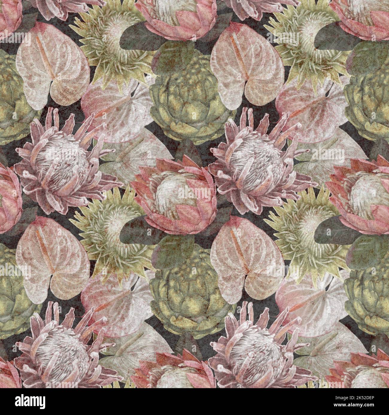 Protea Pattern Protea seamless pattern. watercolor realist flowers of protea and ...