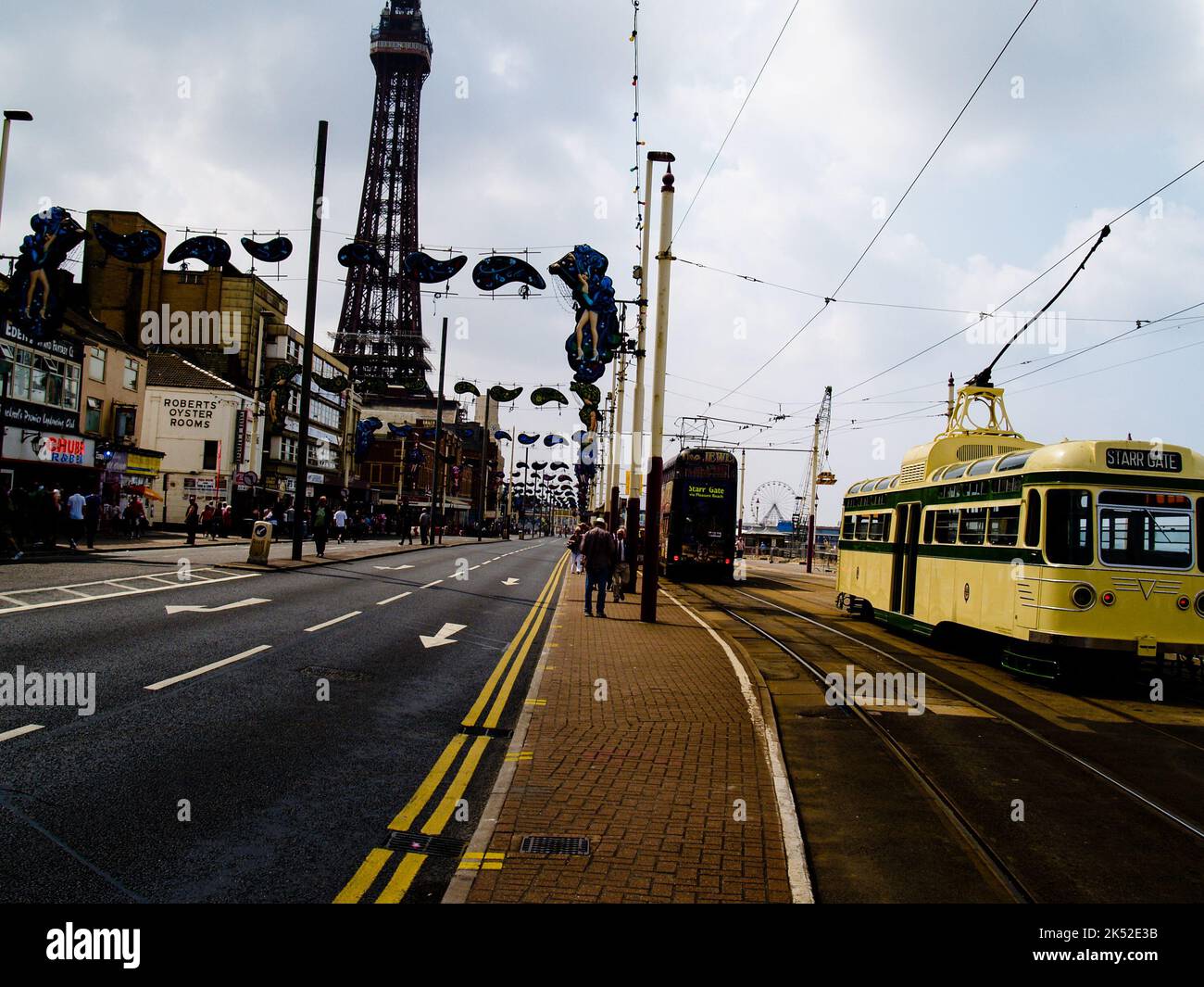 Starr Gate tram moves through Blackpool in sight of famous tower Stock
