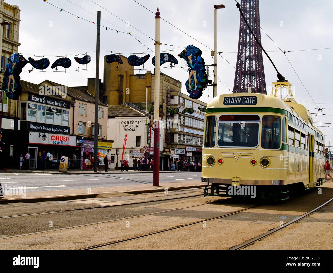 Starr Gate tram moves through Blackpool in sight of famous tower Stock