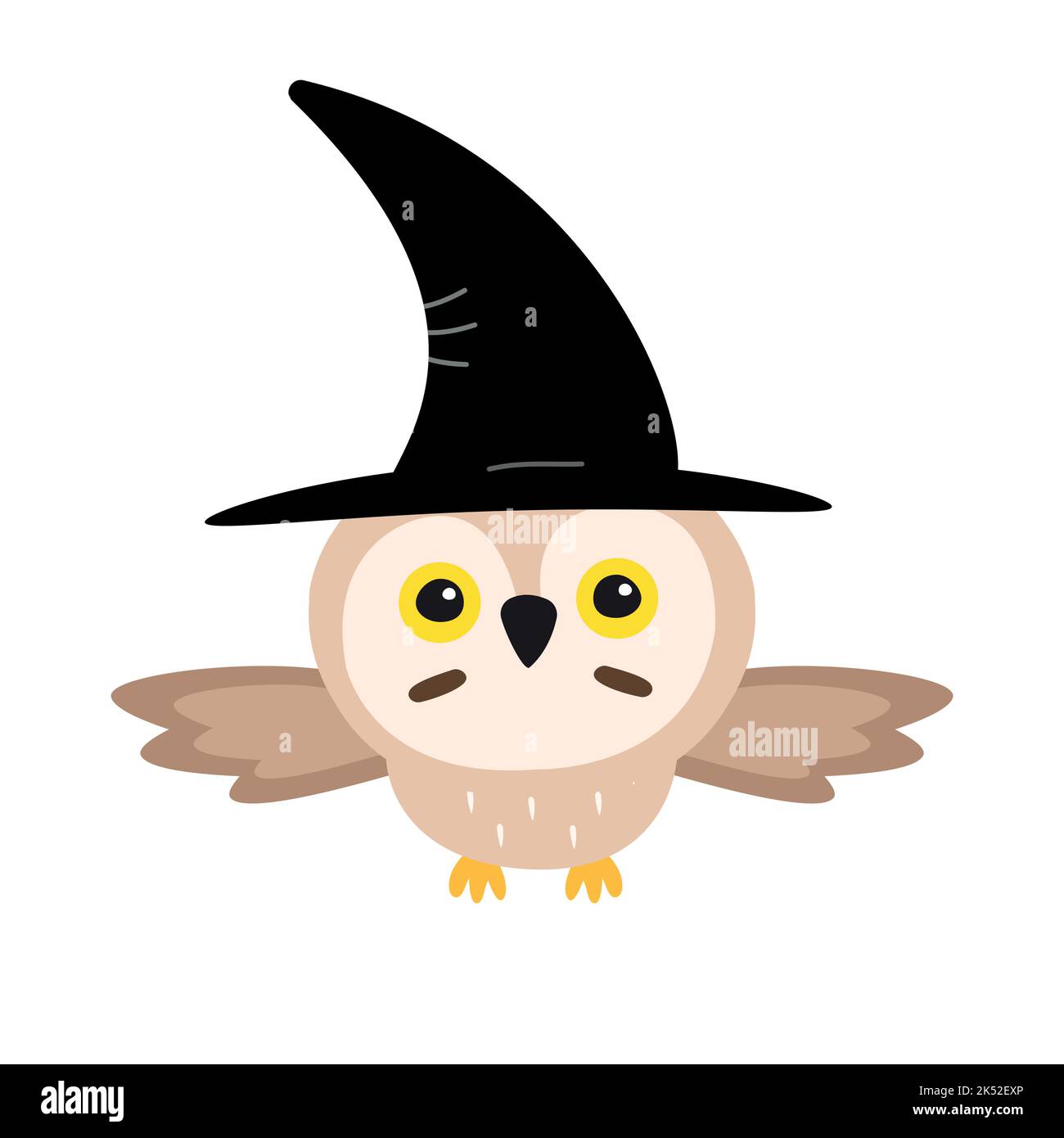 Vector flat hand drawn Halloween owl in witch hat isolated on white