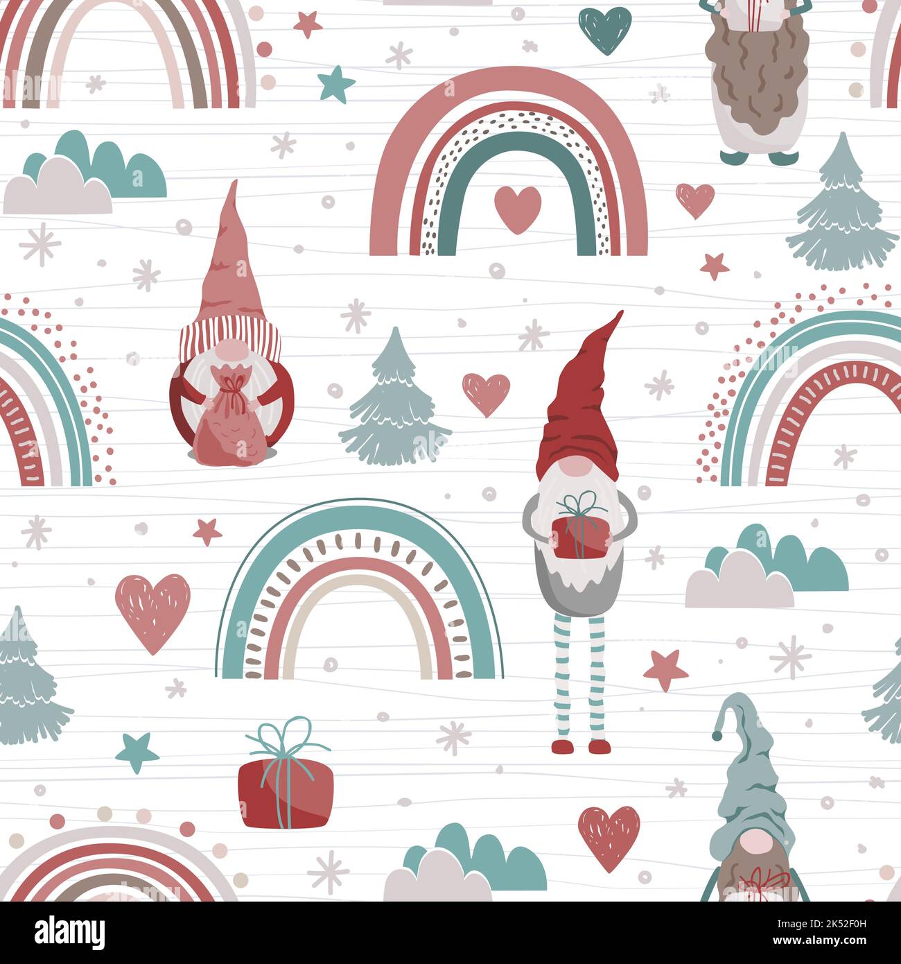 Cute Christmas gnomes and rainbows seamless pattern on white background ...