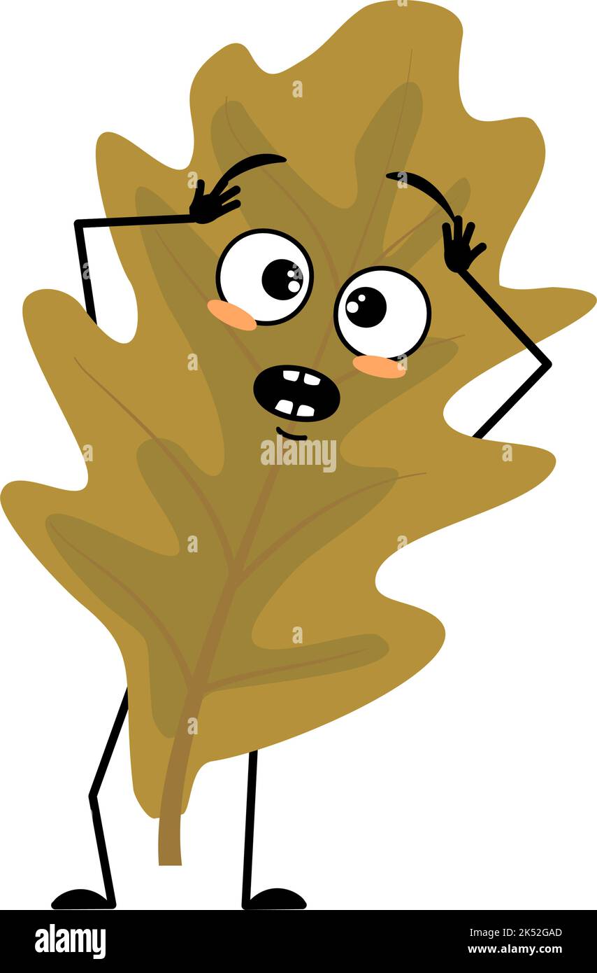 Oak leaf character with emotions in panic grabs his head, surprised face, shocked eyes, arms and legs. Forest plant in autumn brown colour. Vector flat illustration Stock Vector