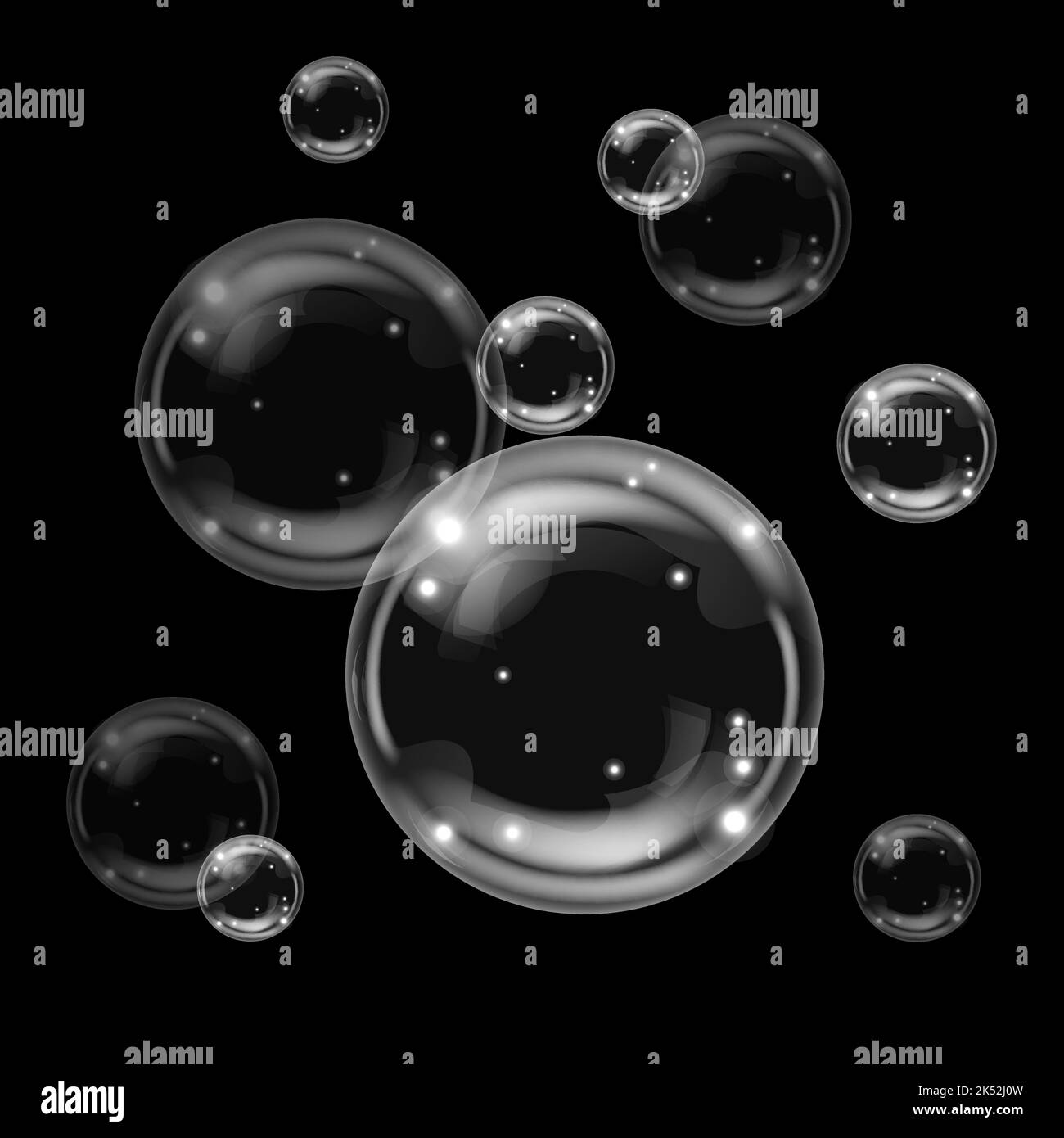 Transparent bubbles on dark background. Realistic shiny round bubbles