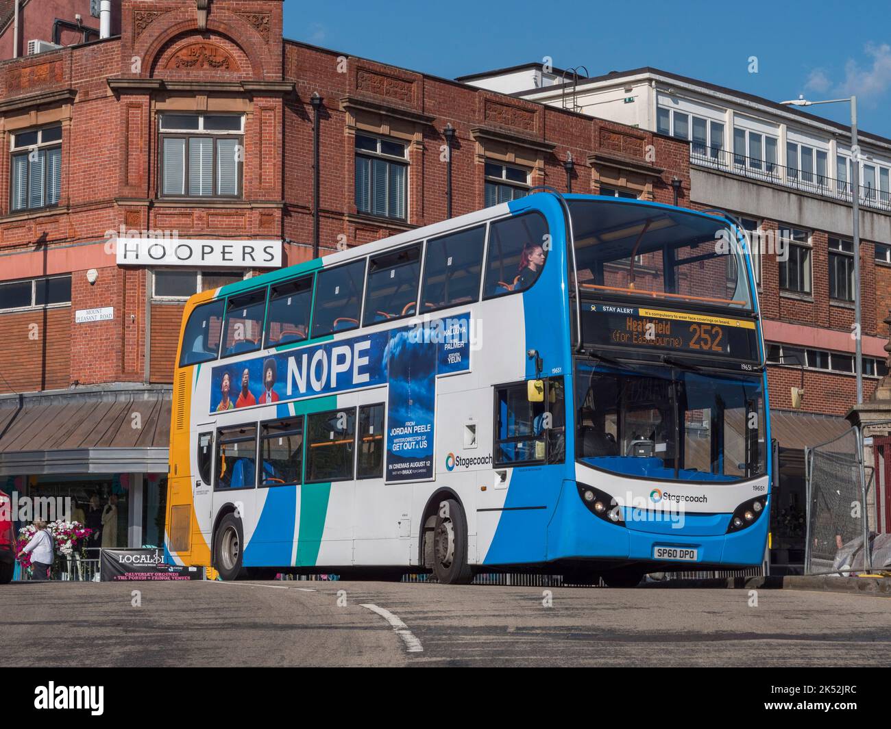A Stagecoach (no 252) bus on the way to Heathfield (for Eastbourne) in the centre of Royal Tunbridge Wells, Kent, UK. Stock Photo