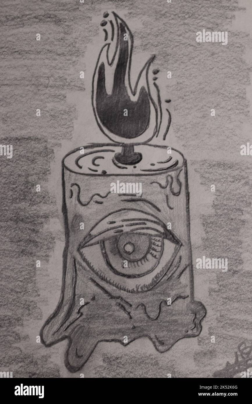 A simple drawing of an candle with an eye in the middle of it Stock