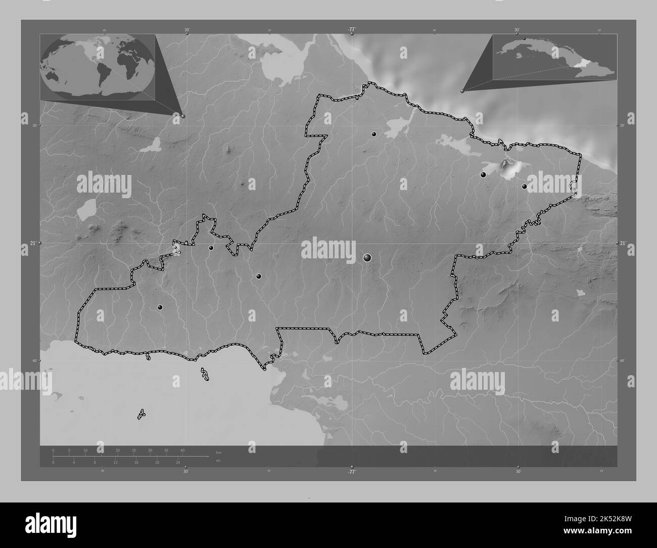 Las Tunas, province of Cuba. Grayscale elevation map with lakes and rivers. Locations of major cities of the region. Corner auxiliary location maps Stock Photo