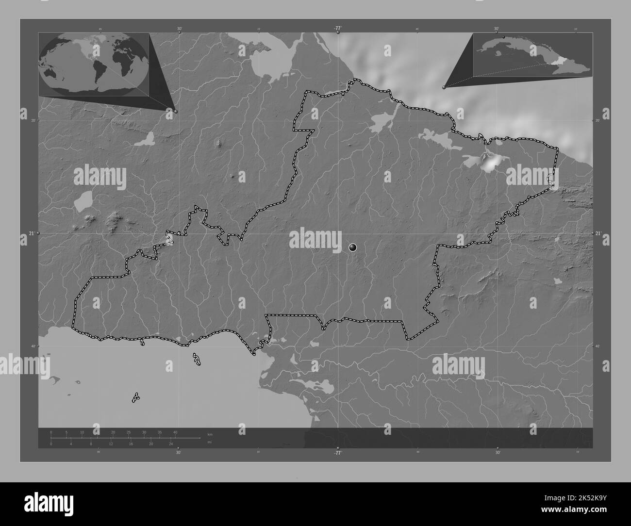 Las Tunas, province of Cuba. Bilevel elevation map with lakes and rivers. Corner auxiliary location maps Stock Photo