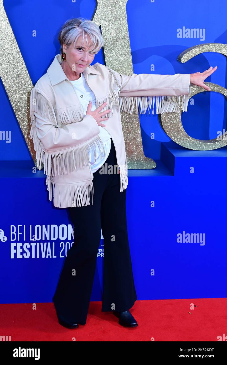 London, UK , 05/10/2022, Emma Thompson Arrive at the Cast and filmmakers attend the BFI London Film Festival press conference for Roald Dahl’s Matilda The Musical, released by Sony Pictures in cinemas across the UK & Ireland on November 25th -  5th October 2022, London, UK. Stock Photo