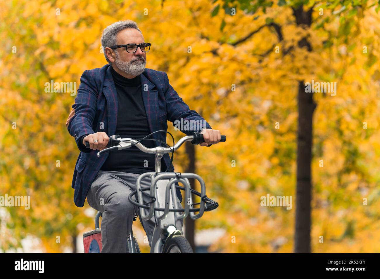 Cycling and active ways to spend time in autumn. Happy gray-haired bearded elegant man riding a city bike in beautiful park. Yellow fall trees in the background. High quality photo Stock Photo