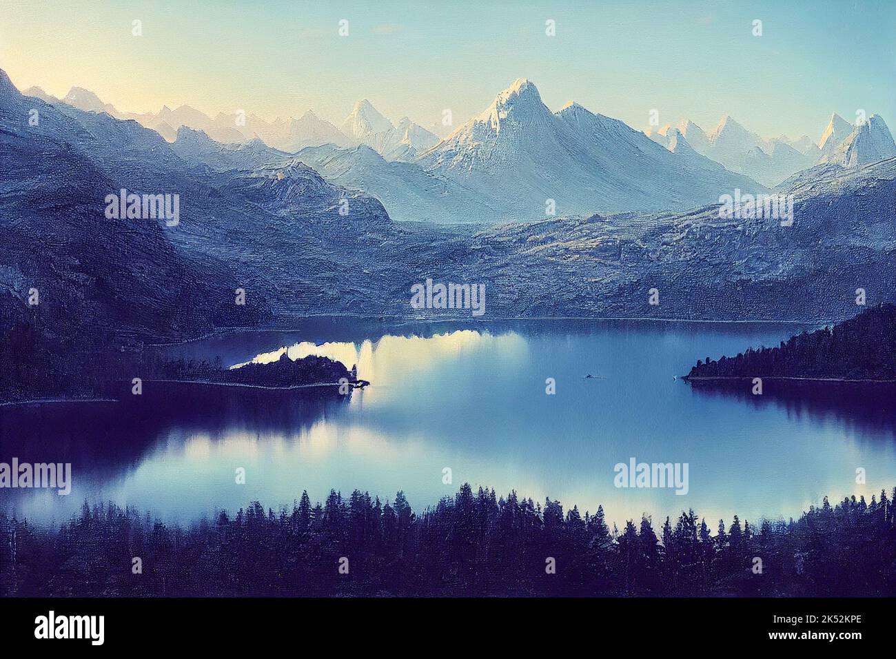 A matte painting of a lake with a cold look surrounded by forest, mountain  range in the background Stock Photo - Alamy
