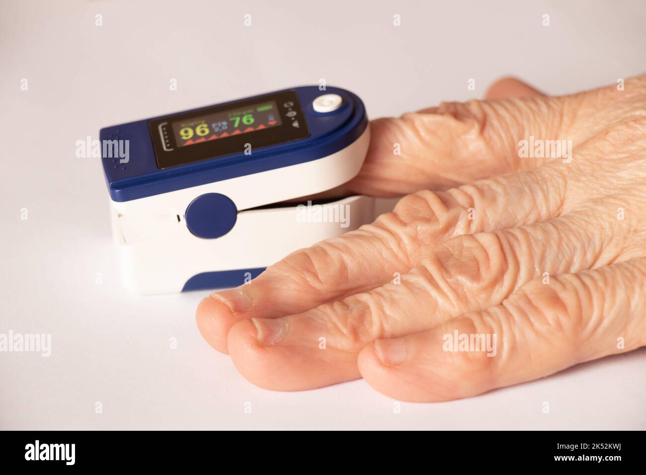 pulse oximeter on the finger of a woman on an isolated background