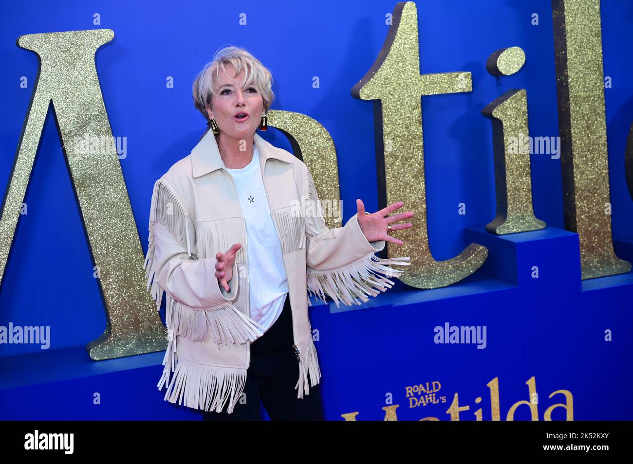 London, UK , 05/10/2022, Emma Thompson Arrive at the Cast and filmmakers attend the BFI London Film Festival press conference for Roald Dahl’s Matilda The Musical, released by Sony Pictures in cinemas across the UK & Ireland on November 25th -  5th October 2022, London, UK. Stock Photo