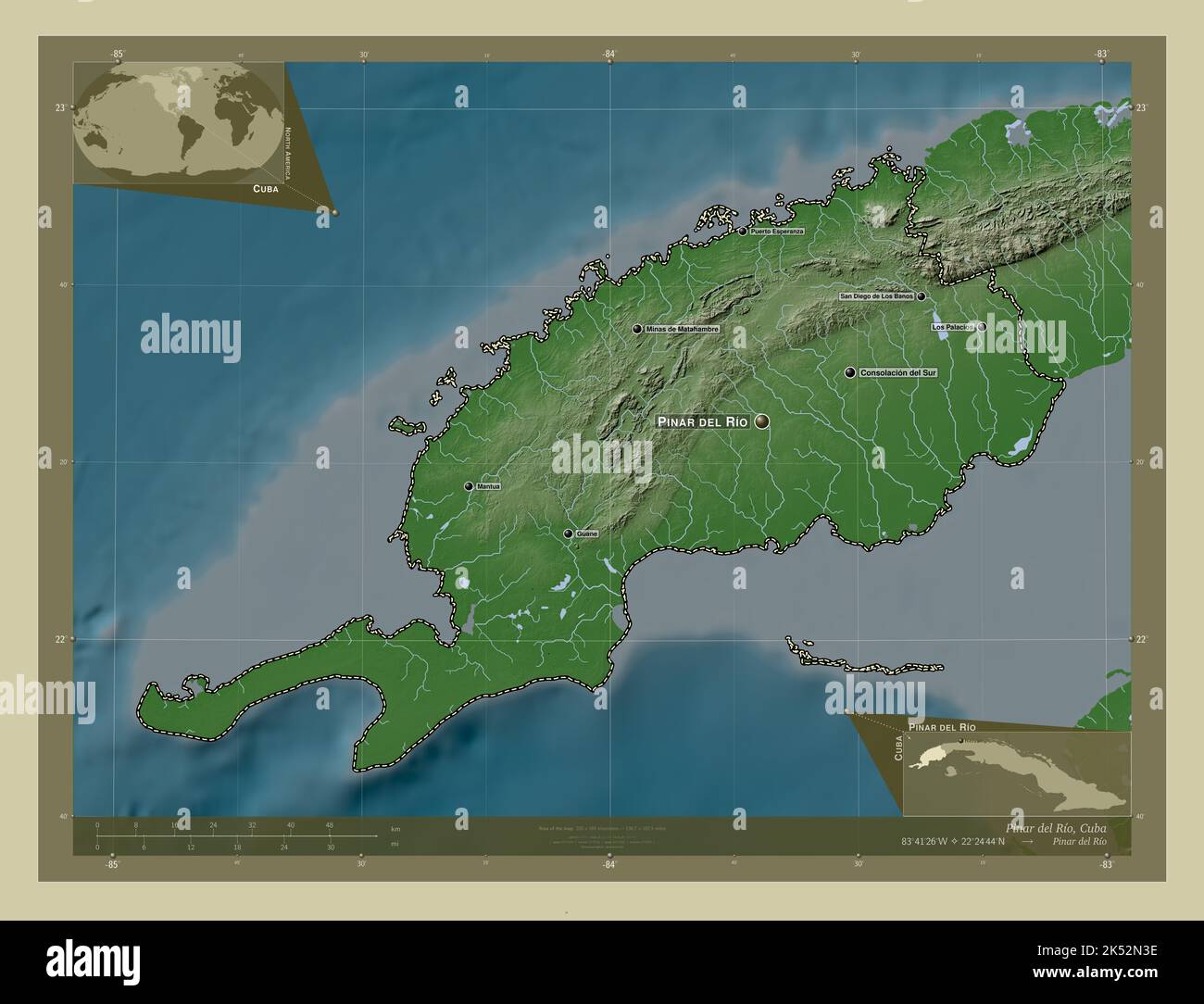 Pinar del Rio, province of Cuba. Elevation map colored in wiki style with lakes and rivers. Locations and names of major cities of the region. Corner Stock Photo