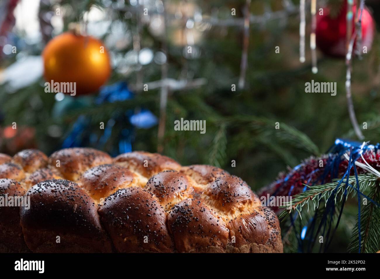 Braided bread sprinkled with poppy seeds on the textile napkin. Traditional East Slavic bread. Christmas still life. Stock Photo