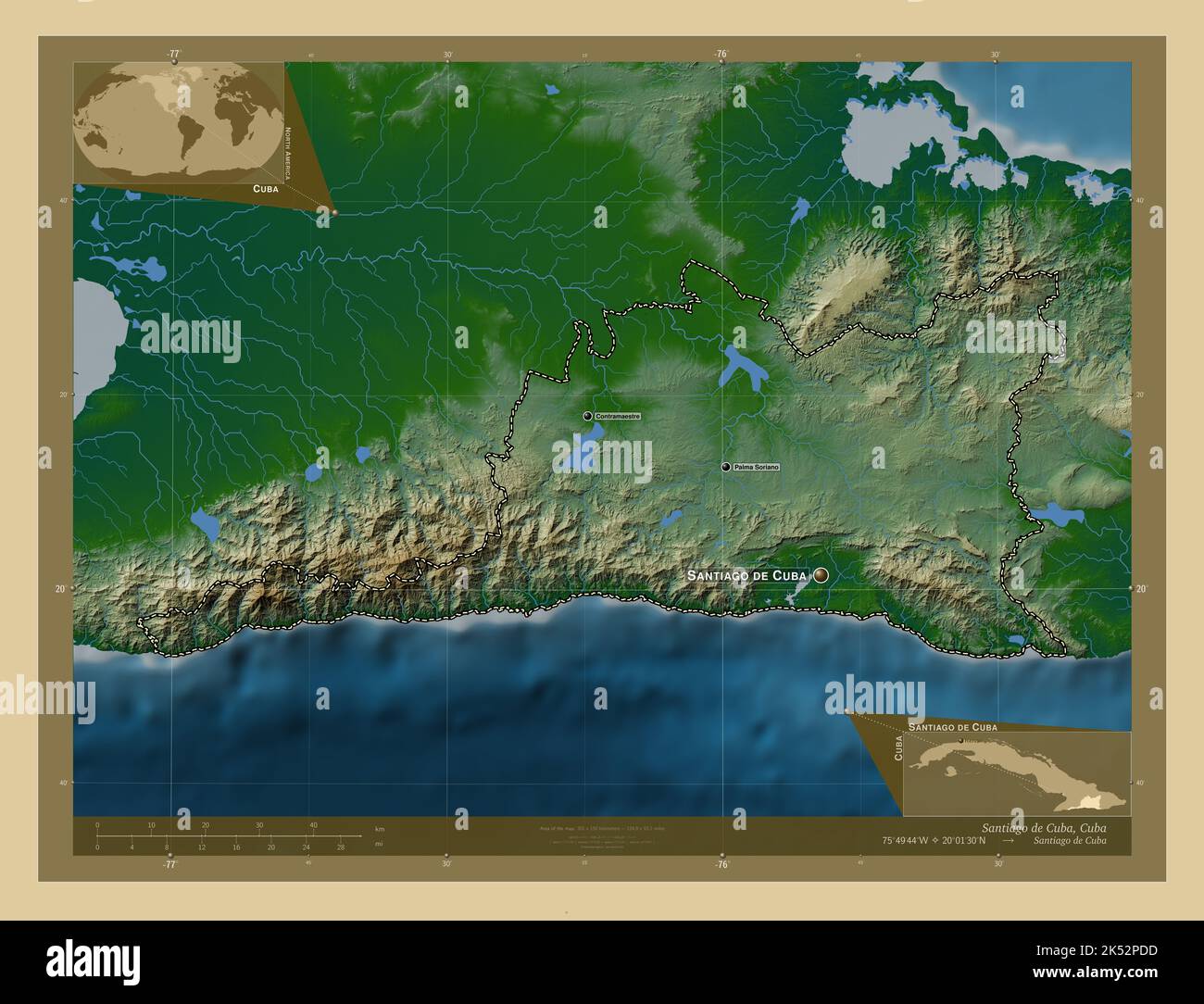 Santiago De Cuba Province Of Cuba Colored Elevation Map With Lakes Santiago De Cuba Province Of Cuba Colored Elevation Map With Lakes And Rivers Locations And Names Of Major Cities Of The Region Corner Auxiliary L 2K52PDD 